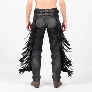 Men's Genuine Leather Western <b>Chaps</b> High Rise Regular Fit With Fringe Buckle Closure For <b>Riding</b> - Product Image 5
