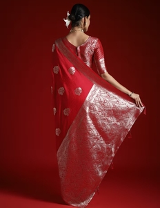 KV Women's Traditional Satin Silk Party Saree <b>Red</b> Woven Designer with Unstitched <b>Blouse</b> Wrinkle Free Reversible - Product Image 6
