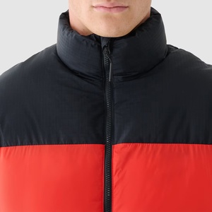 Men's Red Color Blocking Puffer <b>Jacket</b> Stand Collar Zipper Closure Windproof Winter Coat Casual Regular Fit Polyester Wadding - Product Image 3