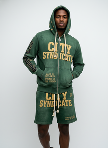 Custom Men's green Vintage Washed Breathable Winter Patch Zip Hoodie Shorts <b>Set</b> Heavyweight Cotton Streetwear OEM Private Label - Product Image 4