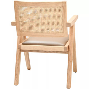 Silla de Comedor Moderna de Madera Maciza y Ratán, Silla con Brazos Estilo Wabi Sabi para Sala de Estar, Silla de Ratán con Respaldo para Descanso - Product Image 4
