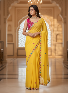 Sari élégant en faux georgette de polyester, longueur ras du sol, à séchage rapide, avec chemisier mono Benglori, conçu pour les fêtes, mariages et occasions festives - Product Image 2