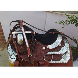 Silla de montar western DD de cuero marrón con diseño floral tallado a mano y estampados plateados, asiento cómodo de gamuza negra, de 10 a 18 pulgadas, LLT - Product Image 1
