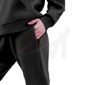 Chándal Negro con Capucha para Mujer, 100% Algodón, Corte Holgado Informal, Largo, Color Sólido, con Bolsillos Laterales, para Otoño - Product Image 5