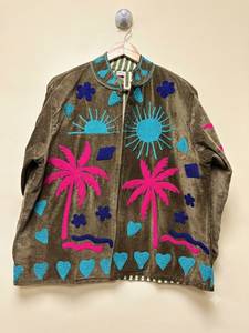 Blouson Bomber en Velours Brodé Fait Main pour Femme, Motif Palmier et Soleil Floral, Écologique, Style Bohème, Vêtement d'Extérieur Hiver Automne - Product Image 3
