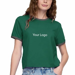 Camiseta Corta Verde para Mujer, Cuello Redondo, Manga Corta, Color Sólido, Informal, de Algodón Jersey, con Logotipo Estampado, para Primavera/Verano - Product Image 4