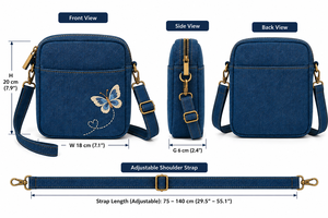Women's Denim Crossbody <b>Bag</b> with Butterfly Embroidery Zipper Closure Classic Style All Seasons Daily Use Polyester Lining Travel - Product Image 2