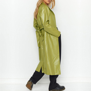 Chaqueta de cuero personalizada para mujer, abrigo largo de doble botonadura, cuero genuino, tejido de alta calidad, en venta - Product Image 6