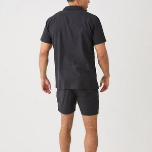 Men's Black <b>Knitted</b> Breathable Cotton Round Neck Shirt and Shorts <b>Set</b> with Front Logo Print Casual Summer Wear - Product Image 6