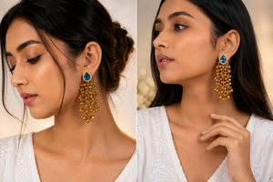 Pendientes Colgantes Azules de Latón Chapado en Oro de 18k, Estilo Bohemio Ghungroo, con Bisel, Tradicionales de Cachemira, Antiguos, para Boda, Venta al por Mayor - Product Image 2