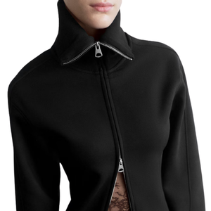 Custom Women's <b>Black</b> Full Zip Sweatshirt <b>Long</b> <b>Sleeve</b> Slim <b>Cropped</b> Jacket Stand Collar Plain Casual Top Wholesale Custom Clothing - Product Image 4