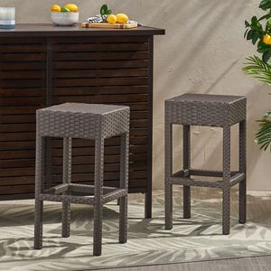 Set di 2 sgabelli da bar senza schienale in rattan PE marrone scuro per esterni, comode sedie - Product Image 5