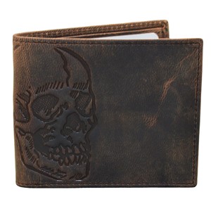 Portefeuille homme en cuir véritable à double pli avec motif crâne en relief, fait main, style moto, fermeture courte, usage quotidien - Product Image 1