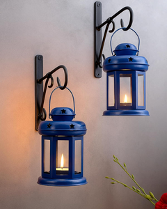 Blue Metal Hanging <b>Lanterns</b> with Star Cutout Design Glass Handles Decorative Tealight <b>Candle</b> Holders <b>for</b> Indoor <b>Outdoor</b> Home Gar - Product Image 6