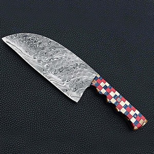 Couteau de chef serbe artisanal en acier Damas avec manche en bois multicolore, couteau professionnel pour boucher et découpe de viande - Product Image 4