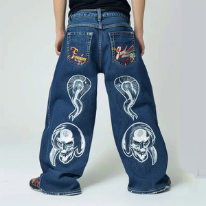 Pantalon personnalisé pour homme, coupe ample, taille mi-haute, jean décontracté baggy, délavé vintage, déchiré, 100% coton, technique brodée - Product Image 3