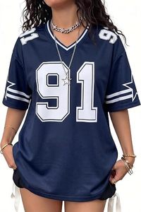 Camiseta de Fútbol Azul Marino para Mujer, Cuello en V, Número 91, Manga Corta, Corte Holgado, Transpirable, de Poliéster, con Bolsillos - Product Image 5
