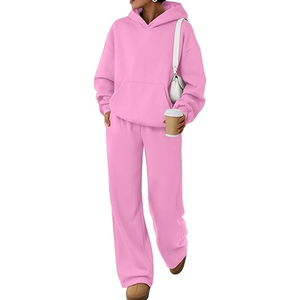 Women's <b>Pink</b> Hooded 100% Cotton <b>Tracksuit</b> Set Full Sleeve Solid Color Casual Loose Fit Sweatshirt Pants - Product Image 1