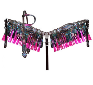 Conjunto de cuello de pecho y cabeza de una oreja occidental de cuero genuino 100% con incrustaciones de arcoíris y fabricante de proveedor metálico rosa - Product Image 2