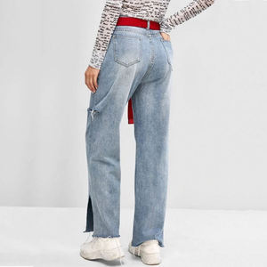 Mid Waist Straight Leg Plus Size Breathable Distressed Ripped Medium <b>Denim</b> Jeans Full Length Casual Style Soft Cotton <b>Material</b> - Product Image 2
