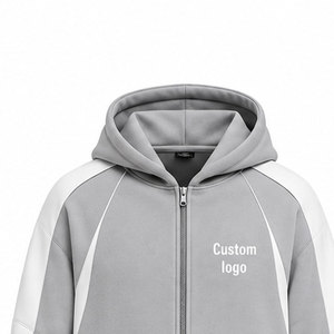 Custom Logo Gray White Color Blocking Tracksuit 100% Set Full <b>Zip</b> <b>Hooded</b> 450 Gsm Sweatshirt Pants - Product Image 2