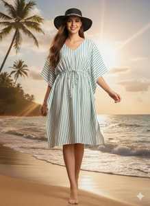 V-Neck Striped <b>Kaftan</b> Dress With Drawstring Elastic Waist Loose Fit Cap Sleeve Midi Length 100% Cotton <b>Summer</b> Casual Wear - Product Image 1