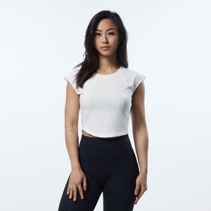 Polyester Summer Women's White Cap <b>Sleeve</b> <b>Crop</b> <b>Top</b> T-Shirt Solid Color O-Neck Quick Dry Sporty Fit Slim Knitted Velocity T-Shirt - Product Image 1