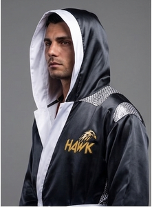 HAWK SPORTS INDUSTRIES Plavok Robe de boxe noire et blanche en satin polyester durable, confortable pour l'entraînement en arts martiaux, toutes saisons - Product Image 3
