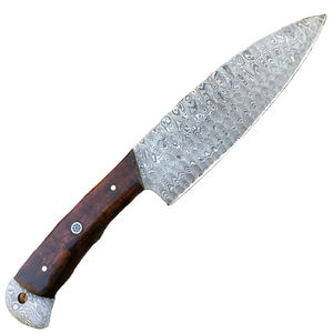 Couteau de chef moderne personnalisé fait main Burraq, lame en acier Damas, manche en bois de 8 pouces, étui en cuir, passe au lave-vaisselle - Product Image 1