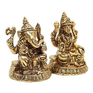 Paire de statues de Lakshmi Ganesha en laiton de 2 pouces faites à la main petites sculptures pour cadeaux fabriquées en Inde - Product Image 2