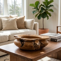 Teakhouten ecologisch verantwoorde premium handgemaakte minimalistische Balinese luxe bruiloftsoepbord decoratieve schaal natuurlijke erosie ovaal