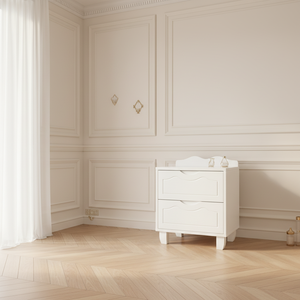 Meuble de Rangement pour Chambre d'Enfant Tendance en Promotion, 2 Tiroirs à Fronts Sculptés, Finition Peinte en Blanc, Sûr et Robuste - Product Image 1