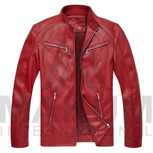 Men's <b>Red</b> Leather Motorcycle <b>Jacket</b> Slim Fit Stand Collar Zipper Closure Regular Length Moto Biker Style <b>RED</b> <b>Jacket</b> Leather - Product Image 1