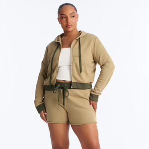 Plus Sizes Women's 2-Piece Hooded Crop <b>Top</b> Shorts Sets 100% Cotton Fleece Casual Activewear Solid Color Short Tracksuit Set - Product Image 2