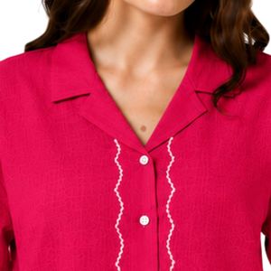 <b>Red</b> Floral Embroidered Women Short Sleeve Button Up Shirt Casual Summer Cotton <b>Blouse</b> With Collar Custom Fashion Tops OEM Style - Product Image 5