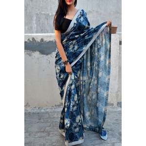 FANCY SATIN ESTAMPADO SAREE CON BLUSA DESCOSTADA AZUL - Product Image 1