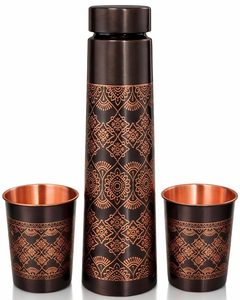 Botella de Agua de Cobre Puro Estampada, Forma Ergonómica Curva, Patrón Étnico, Frasco de Cobre Esmaltado - Product Image 3