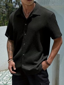 Men Breathable Casual Cuban Collar Shirt Short Sleeve Textured Summer Fashion Button <b>Down</b> OEM Wholesale - Product Image 1
