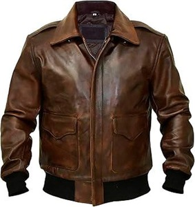 Chaqueta de Cuero Genuino para Hombre, Estilo Aviador, Color Marrón Desgastado, con Cuello Alto y Cierre de Cremallera, Estilo Motero para Invierno - Product Image 4