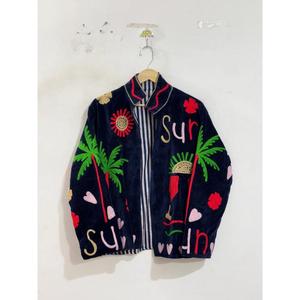 Handmade Summer Vacation Style Women Coat Velvet <b>Mandarin</b> <b>Collar</b> <b>Jacket</b> With Hand Embroidered Tropical Pattern Full Sleeve - Product Image 4