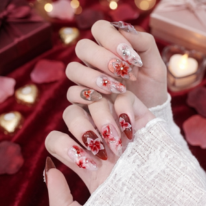Fervent Blossom Medium Almond Nails Pre-diseñado Dedo Inspirado en chino Elegancia Suave Glam Retro Chic Borgoña Coral Desnudo - Product Image 5