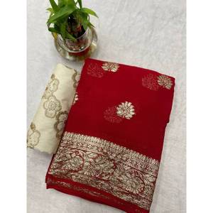 TRENDING <b>Red</b> Georgette <b>Saree</b> with Sequence Work Blouse (Viscose) - Product Image 1