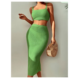 Conjunto de Dos Piezas Estilo Bohemio para Mujer, Top Corto de Punto Verde con Patrón Vintage y Falda Lápiz a Juego, Ropa Casual de Primavera/Verano - Product Image 4