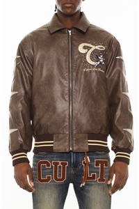 Men's Brown PU Leather Bomber Jacket Embroidered Letter C <b>Vintage</b> Style Turn-down Collar Zipper Closure - Product Image 4