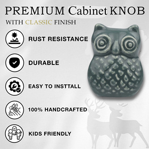 Ba Ceramic Owl Knob Drawer Handle <b>Rustic</b> Design Dark Grey Novelty Shape Home Office Furniture Accessory - Product Image 3