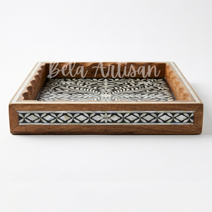 Plateau rectangulaire en bois Papdi fait main avec incrustation florale en nacre, plateau de service décoratif et mobile pour le Ramadan et les mariages - Product Image 4
