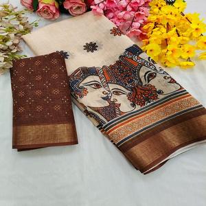 Hermoso Sari Tradicional con Estampado de Arte Mithila, Mezcla de Lino de Primera Calidad, Borde Dorado Zari 3*3, para Fiestas - Product Image 1