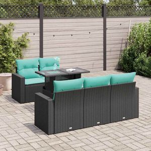 Ensemble de canapés de patio en polyrotin noir et acacia, 6 pièces, avec coussins, canapés de jardin - Product Image 1