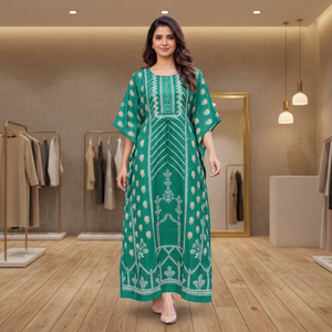 Ethnic Kaftan <b>Dress</b> With White Print Loose Fit Floor-Length For <b>Women</b> Casual Wear India Pakistan Style - Product Image 1