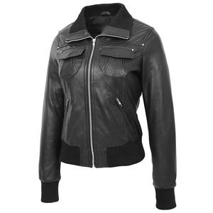 Chaqueta de Moto de piel de cordero genuina negra para mujer, bombardero de invierno bordado, cuello levantado, Material de forro acolchado, nailon de seda - Product Image 4
